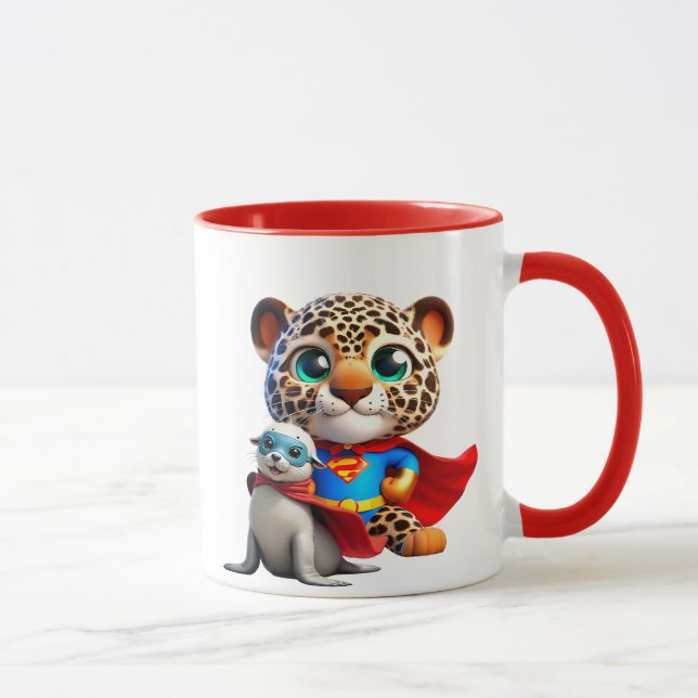 Ein junger Leopard und ein Superheld-Robbenbaby. Tasse (Rechts)