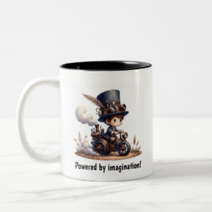 Ein junges glückliches Kind, das mit einem Dampffa Zweifarbige Tasse