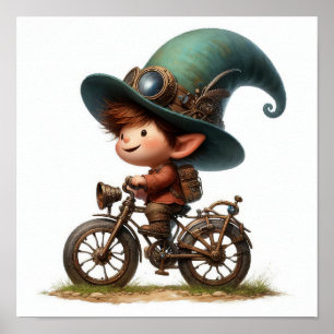 Ein junges glückliches Kind fährt ein Steampunk-Fa Poster