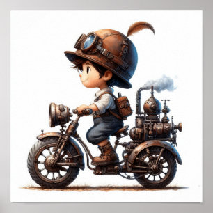 Ein junges glückliches Kind fährt ein Steampunk-Mo Poster