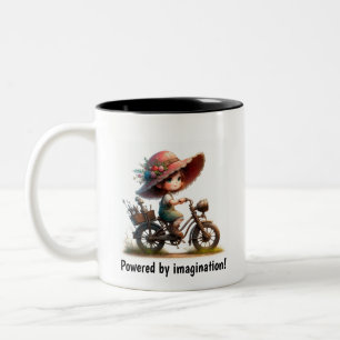 Ein junges glückliches Kind fährt ein Steampunk-Mo Zweifarbige Tasse