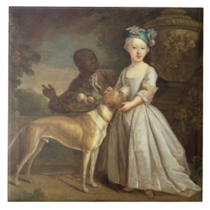 Ein junges Mädchen mit einem Hund und einer Seite Fliese