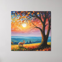 ein Kaninchen auf einem Feld mit Baum und Sonnenun