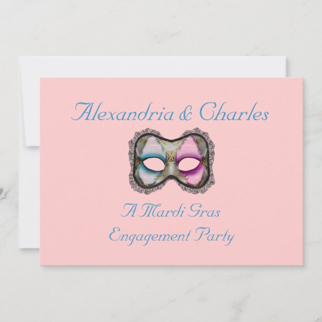 "Ein Karneval-Verlobungs-Party-" blaue/rosa Maske Einladung (Vorderseite)