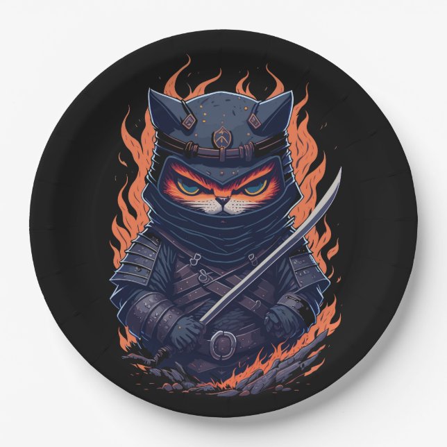 ein Katzenkrieger mit einem Schwert in der Hand Pappteller (Vorderseite)