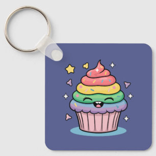 Ein Kawaii-Giggling-Kuchen mit Regenbogen-Zuckergu Schlüsselanhänger