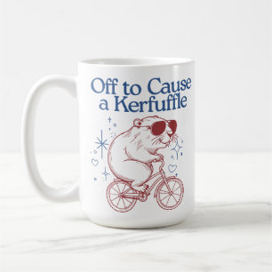 Ein Kerfuffle Funny Beaver auf einem Bike verursac Kaffeetasse