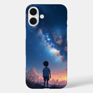 Ein Kind, das träumt, während es den Nachthimmel b iPhone 16 Plus Hülle