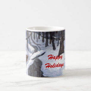 Ein kleiner Bach fließt durch Schnee und Winterbäu Kaffeetasse
