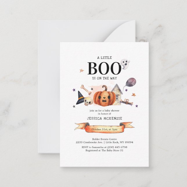 Ein kleiner Boo auf dem Weg Halloween Baby Dusche Mitteilungskarte (Vorderseite)