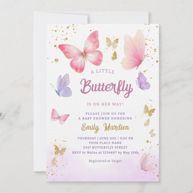 Ein kleiner Butterfly niedlich Boho pink Girl Baby Einladung (Vorderseite)