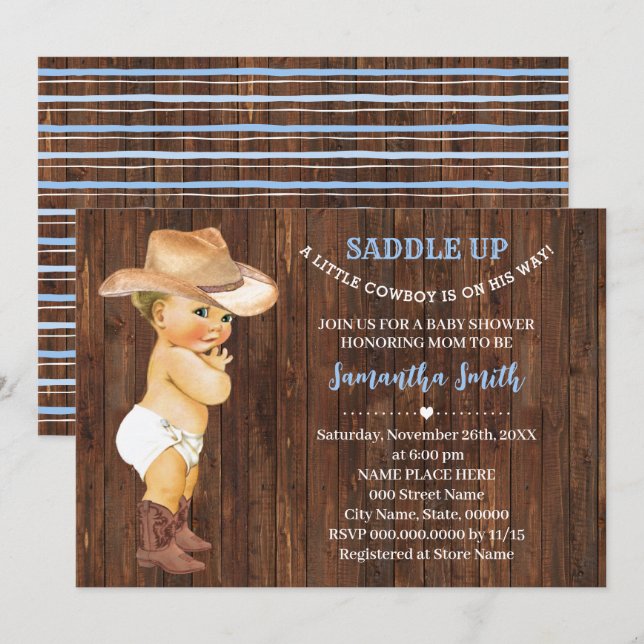 Ein kleiner Cowboy in seinem Way Blue Baby Dusche Einladung (Vorne/Hinten)