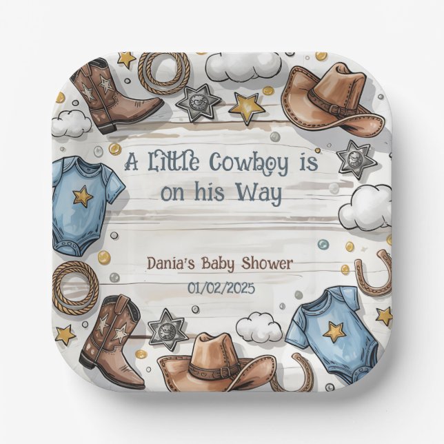 Ein kleiner Cowboy ist auf dem Weg Baby Duschpapie Pappteller (Vorderseite)