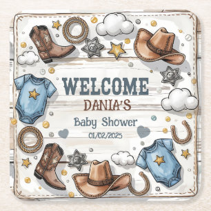 Ein kleiner Cowboy ist auf dem Weg Baby Shower Wes Rechteckiger Pappuntersetzer
