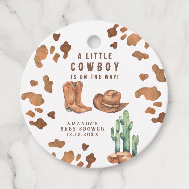 Ein kleiner Cowboy ist auf dem Weg Babydusche Geschenkanhänger (Vorderseite)