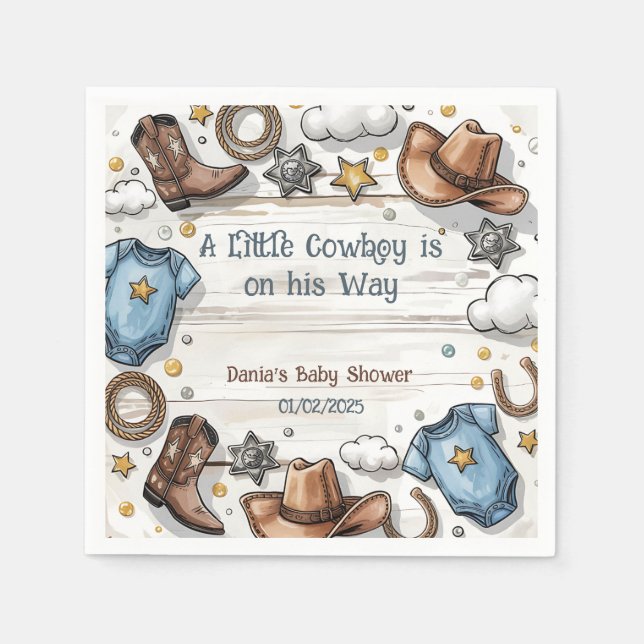 Ein kleiner Cowboy ist auf dem Weg Babydusche Serviette (Vorderseite)