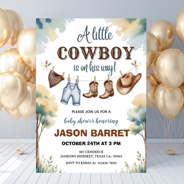 "Ein kleiner Cowboy ist auf dem Weg" Kinderdusche Einladung ("A Little Cowboy is on His Way" Baby Shower Invitation
)