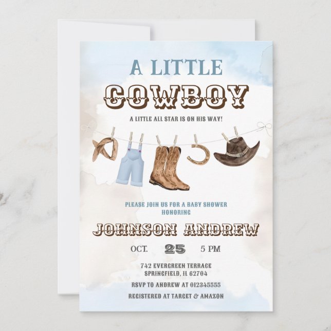 Ein kleiner Cowboy ist auf der Way Baby Dusche Einladung (Vorderseite)
