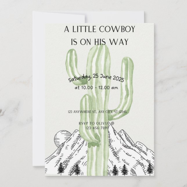 Ein kleiner Cowboy ist unterwegs, Baby Dusche einl Einladung (Vorderseite)