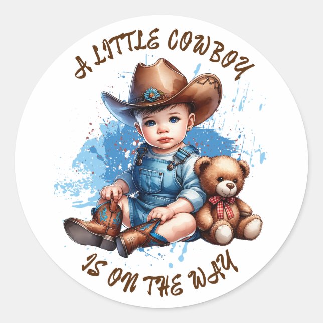 Ein kleiner Cowboy ist unterwegs | Babyparty Runder Aufkleber (Vorderseite)