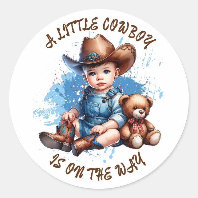 Ein kleiner Cowboy ist unterwegs | Babyparty Runder Aufkleber (Vorderseite)
