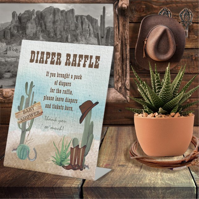 Ein kleiner Cowboy-Western-Duschschlauch-Raffle Sockelschild (Rustic Western Boy Baby Shower Diaper Raffle Pedestal Sign -- "A Little Cowboy Is On His Way" )