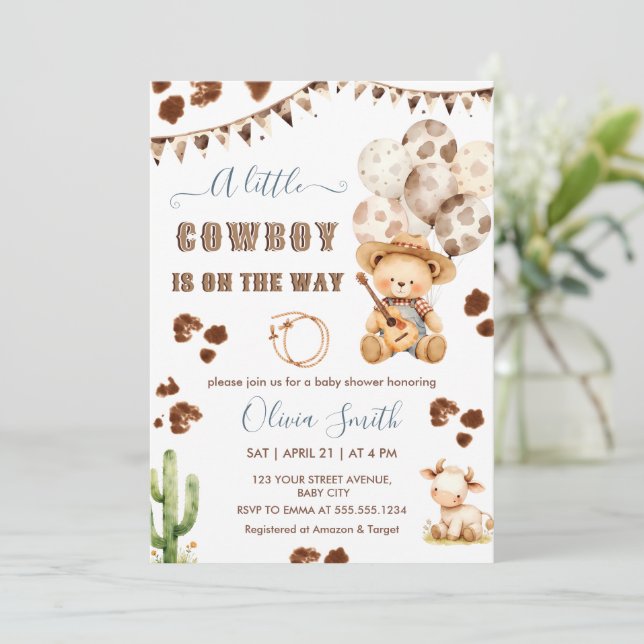 Ein kleiner Cowboy Western Teddy Bear Baby Dusche Einladung (Stehend Vorderseite)