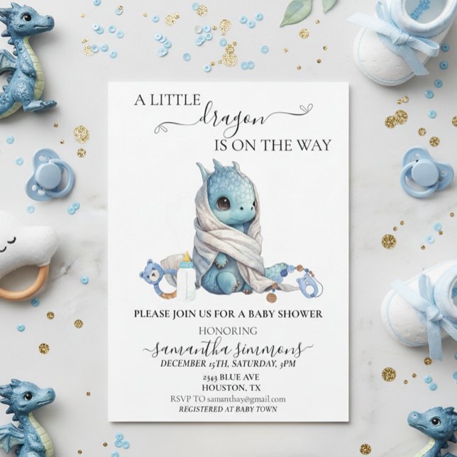 Ein kleiner Drache ist auf dem Weg Babydusche Einladung (Von Creator hochgeladen)