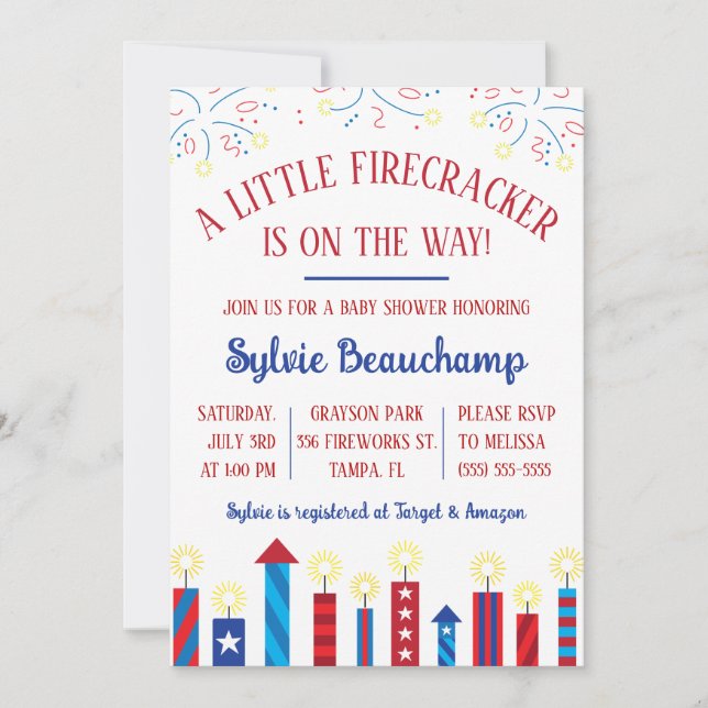 Ein kleiner Firecracker ist unterwegs! Babyparty Einladung (Vorderseite)