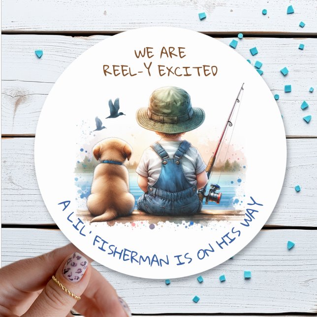 Ein kleiner Fisherman | Babydusche für niedliche J Runder Aufkleber (Von Creator hochgeladen)