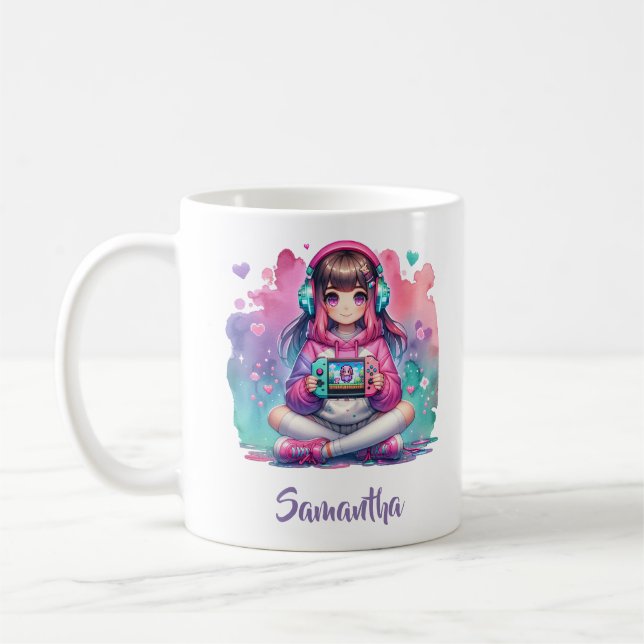 Ein kleiner Gamer, der Videospiel spielt Kaffeetasse (Links)
