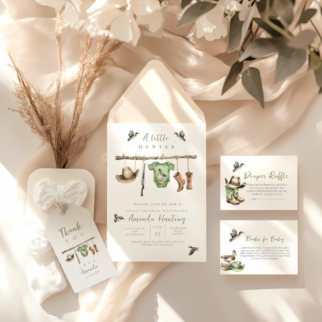Ein kleiner Jäger ist unterwegs mit einer Babydusc Einladung (a little hunter is on the way baby shower invitation
)