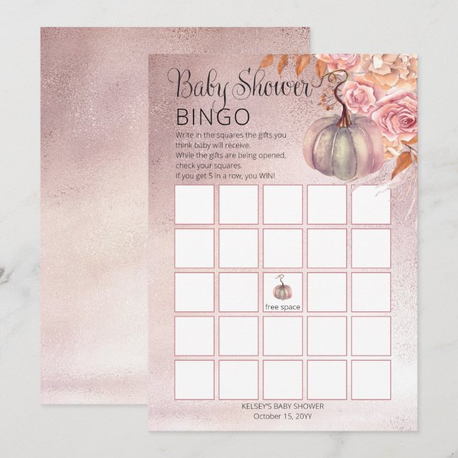 Ein kleiner Kürbis blüht Pink Baby Bingo Card Einladung (Vorne/Hinten)