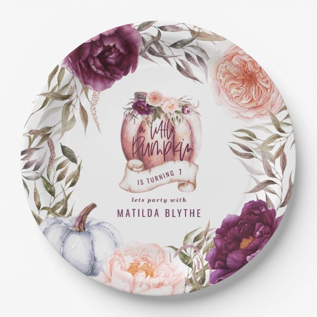 Ein kleiner Kürbis, blumengeschmückt Herbst 1. Geb Pappteller (Vorderseite)