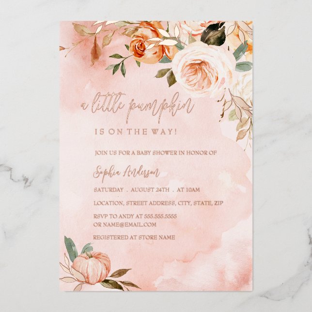 Ein kleiner Kürbis Herbst Pink Baby Shower Foil Folieneinladung (Vorderseite)