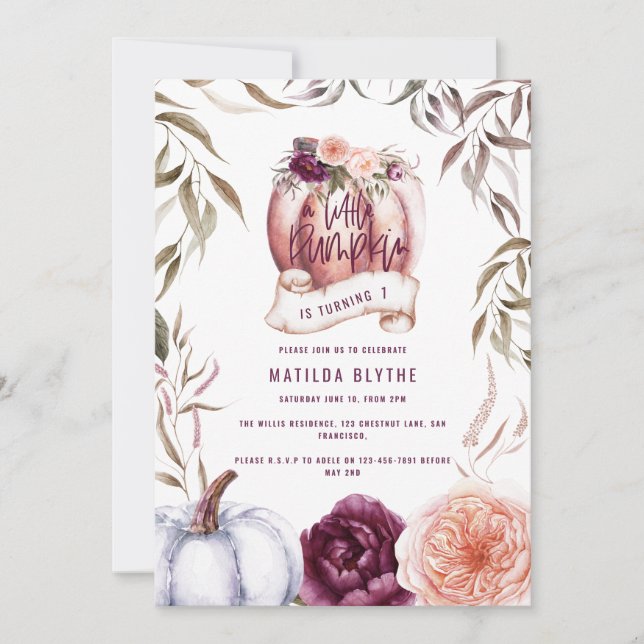 Ein kleiner Kürbis lila Blumenfall Geburtstag (Vorderseite)