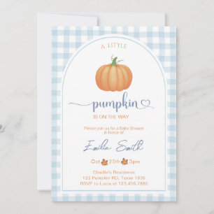 Ein kleiner Kürbis mit blauem Gingham Herbst-Baby- Einladung