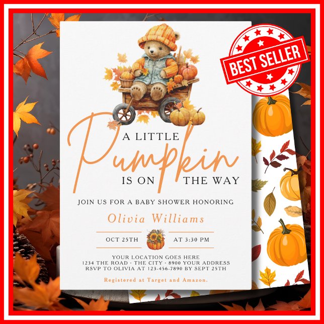 Ein kleiner Kürbisfall Herbst NIEDLICHE BAR Babydu Einladung (A Little Pumpkin is on the Way Fall Autumn CUTE BEAR Baby Shower Invitation)
