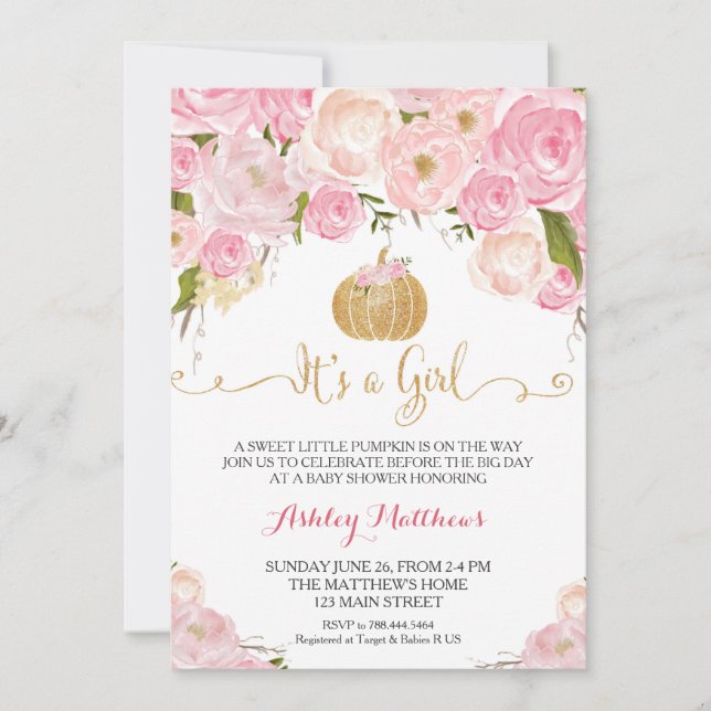 Ein kleiner Pumpkin Baby Dusche Pink & Gold Glitze Einladung (Vorderseite)