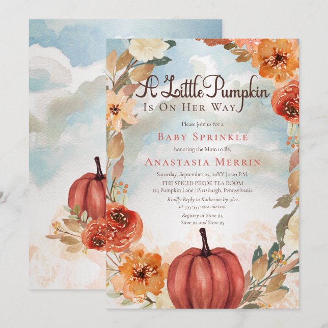 Ein kleiner Pumpkin | Fall Floral Girl Baby Sprink Einladung (Vorne/Hinten)