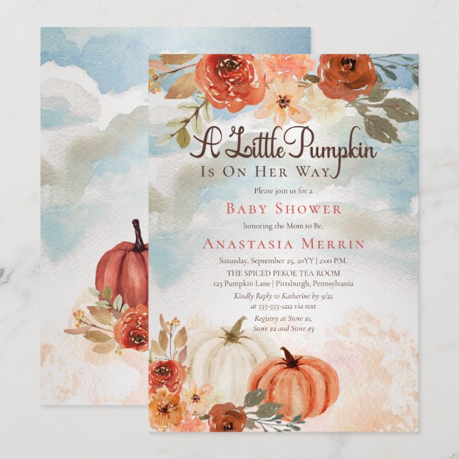 Ein kleiner Pumpkin | Fall Floral Girl Babydusche Einladung (Vorne/Hinten)