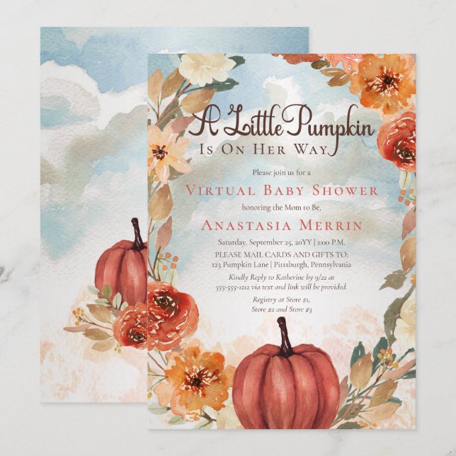 Ein kleiner Pumpkin | Floral Virtual Baby Dusche Einladung (Vorne/Hinten)
