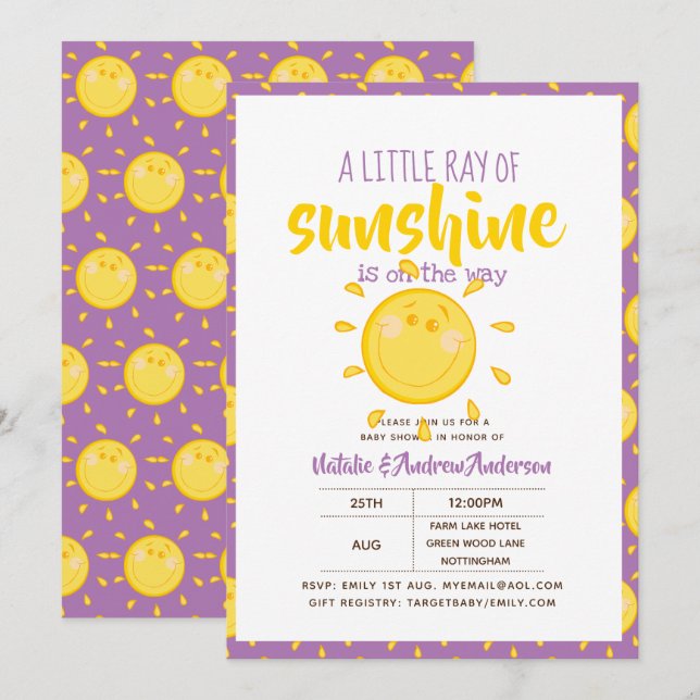 Ein kleiner Ray Of SUNSHINE ist unterwegs - Lila Einladung (Vorne/Hinten)