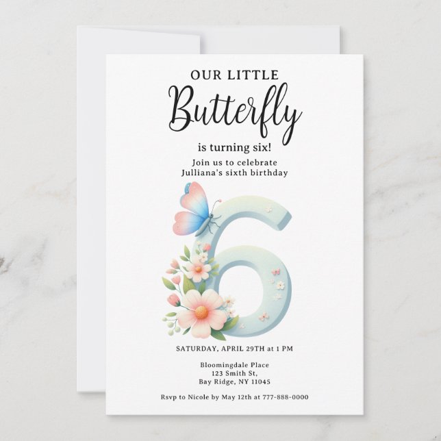 Ein kleiner Schmetterling, 6. Geburtstag, Niedlich Einladung (Vorderseite)