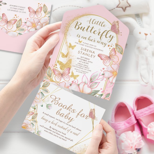 Ein kleiner Schmetterling | Gold Glitzer Pink Baby All In One Einladung (Von Creator hochgeladen)