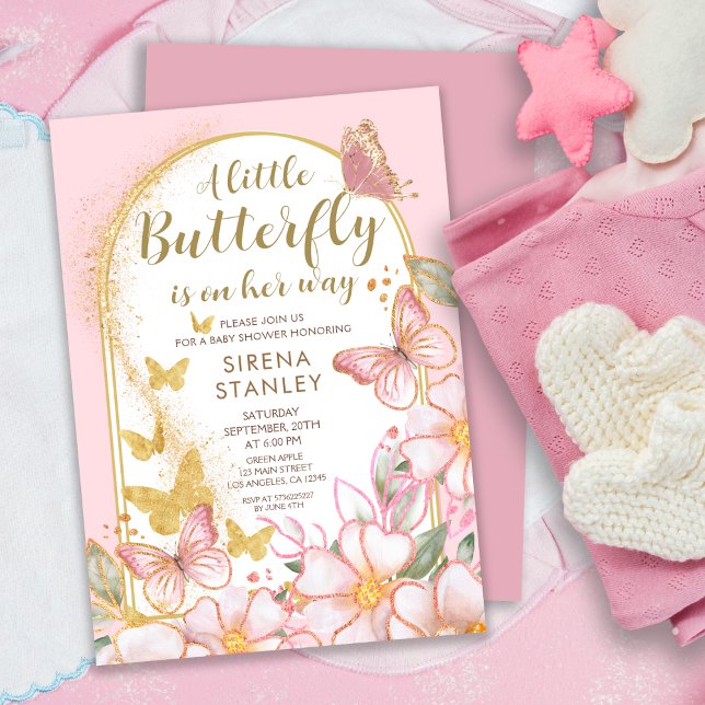 Ein kleiner Schmetterling | Gold Glitzer Pink Baby Einladung (Von Creator hochgeladen)