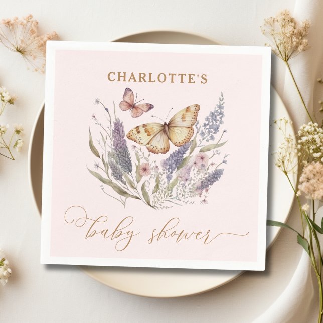 Ein kleiner Schmetterling ist auf dem Weg zur Baby Serviette (personalized butterfly baby shower napkin)