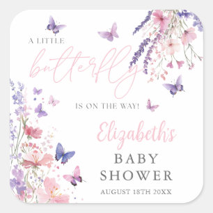 Ein kleiner Schmetterling Wildblumen Baby Shower F Quadratischer Aufkleber