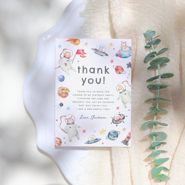 Ein kleiner Schritt | Weltraumtiere 1. Geburtstag  Dankeskarte (Von Creator hochgeladen)