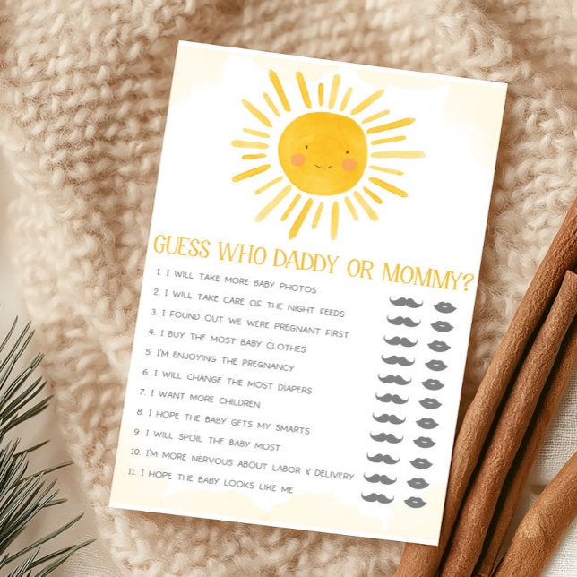 Ein kleiner Sonnenschein Errate wer Mama oder Papa (Little Ray of Sunshine Baby Shower Guess Who Mommy or Daddy Game)